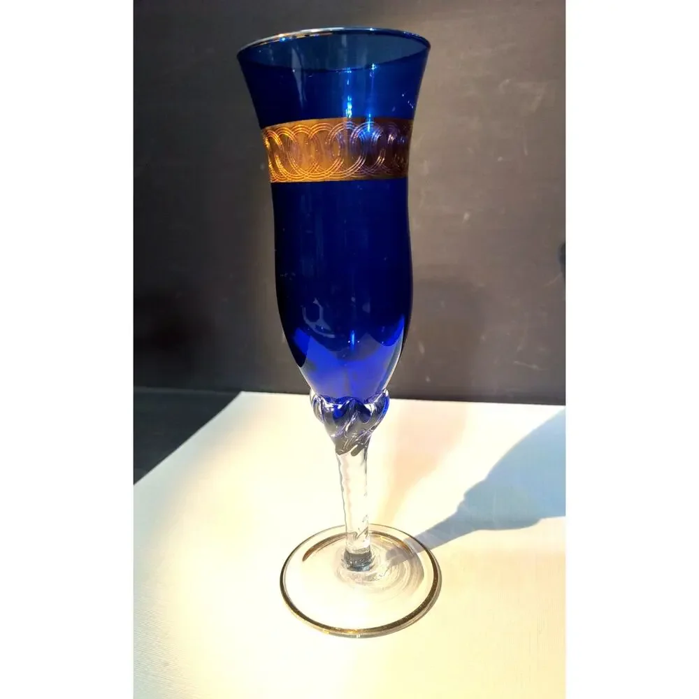 1027.  Vintage Cobalt Blue Bohemian Stemware 24K Gold Band